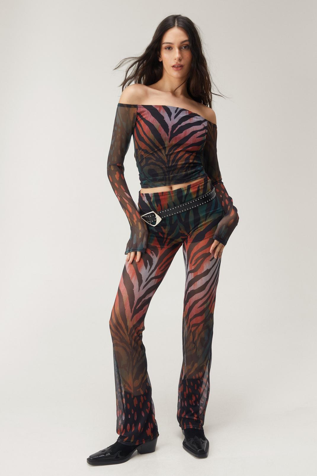 Multi Zebra Printed Mesh Flare Trousers image number 1