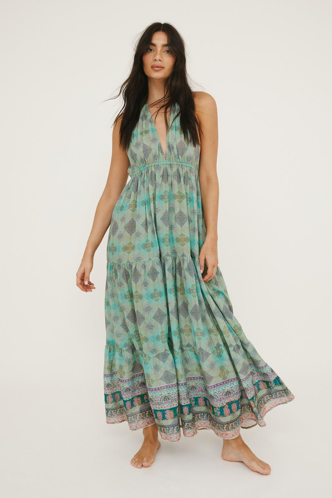 Cotton Paisley Border Print Tiered Maxi Beach Dress, Green image number 1