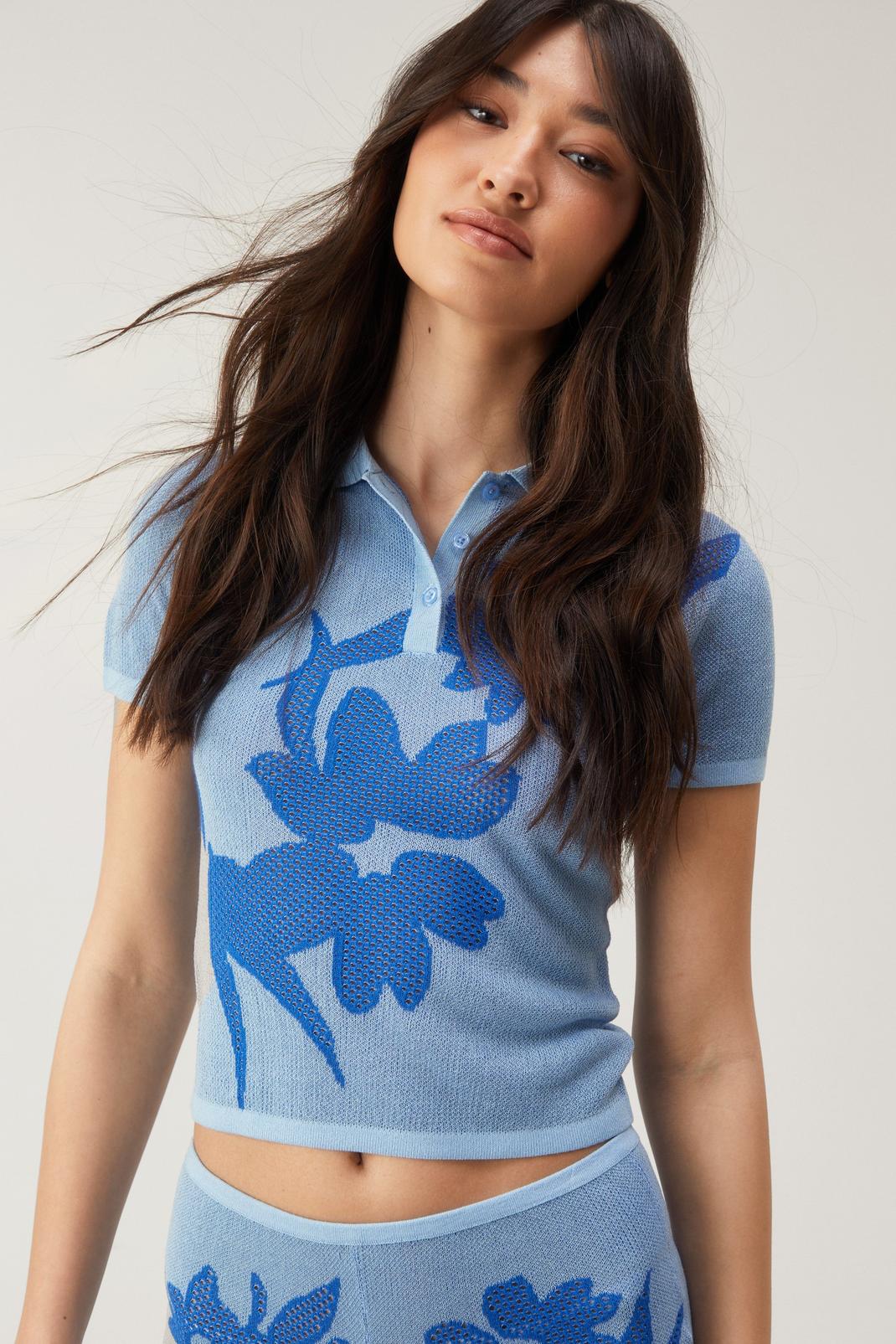 Blue Floral Jacquard Fine Knit Polo Top image number 1