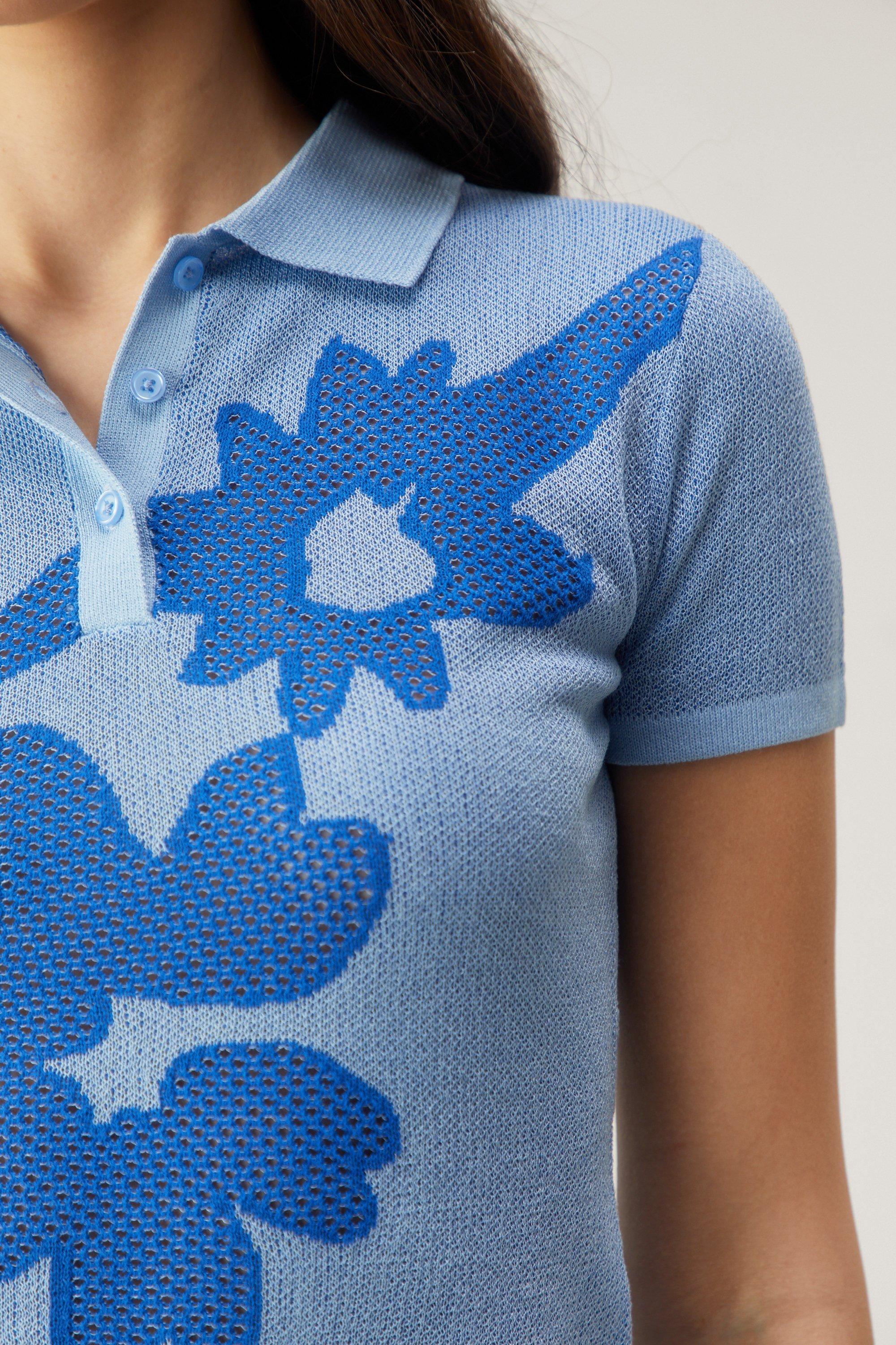 Floral Jacquard Fine Knit Polo Top