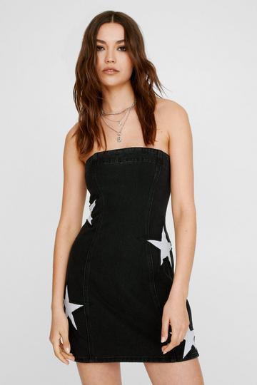 Black Denim Star Insert Bandeau Mini Dress