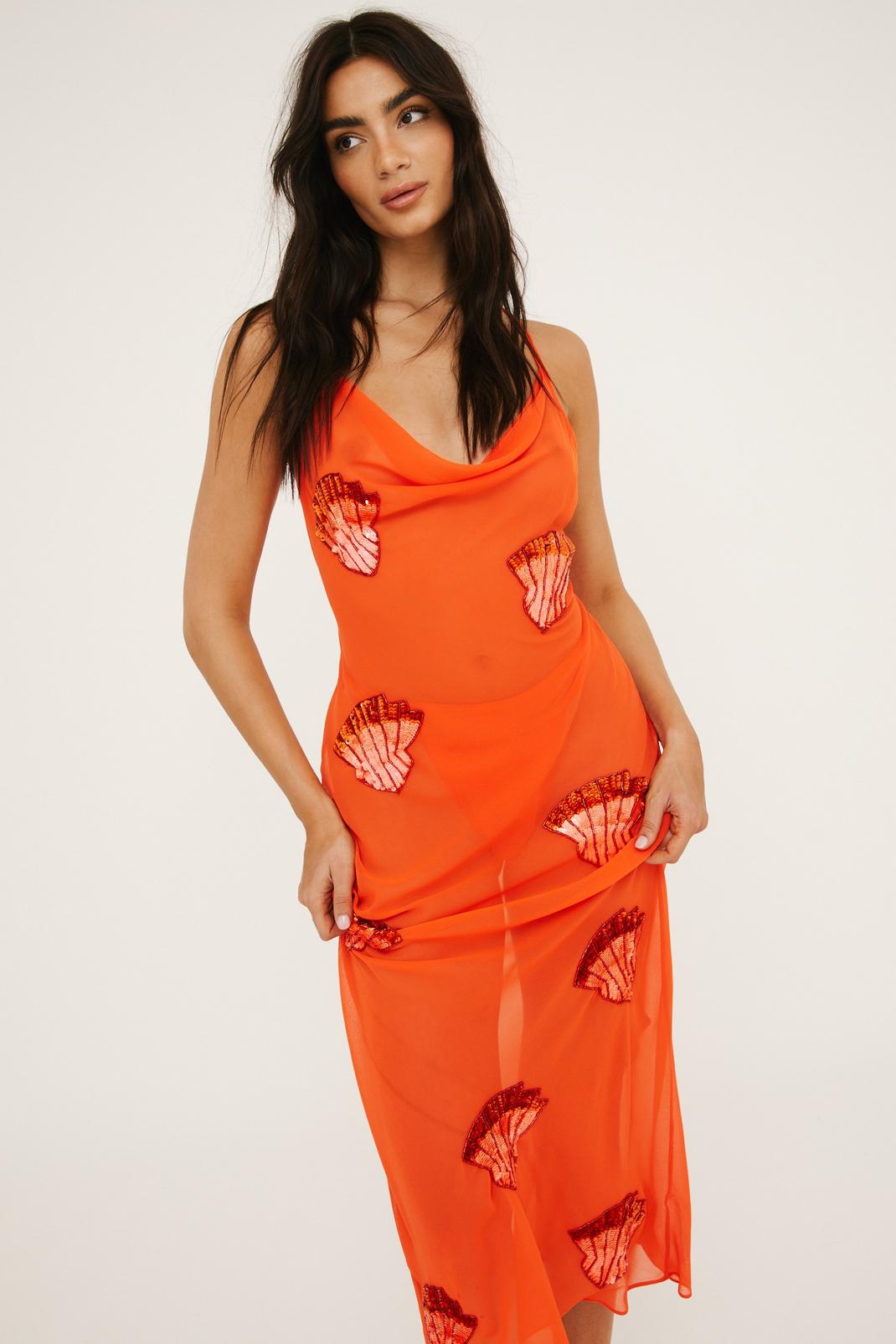 Orange Premium Shell Embellished Cowl Maxi Beach Dress image number 1