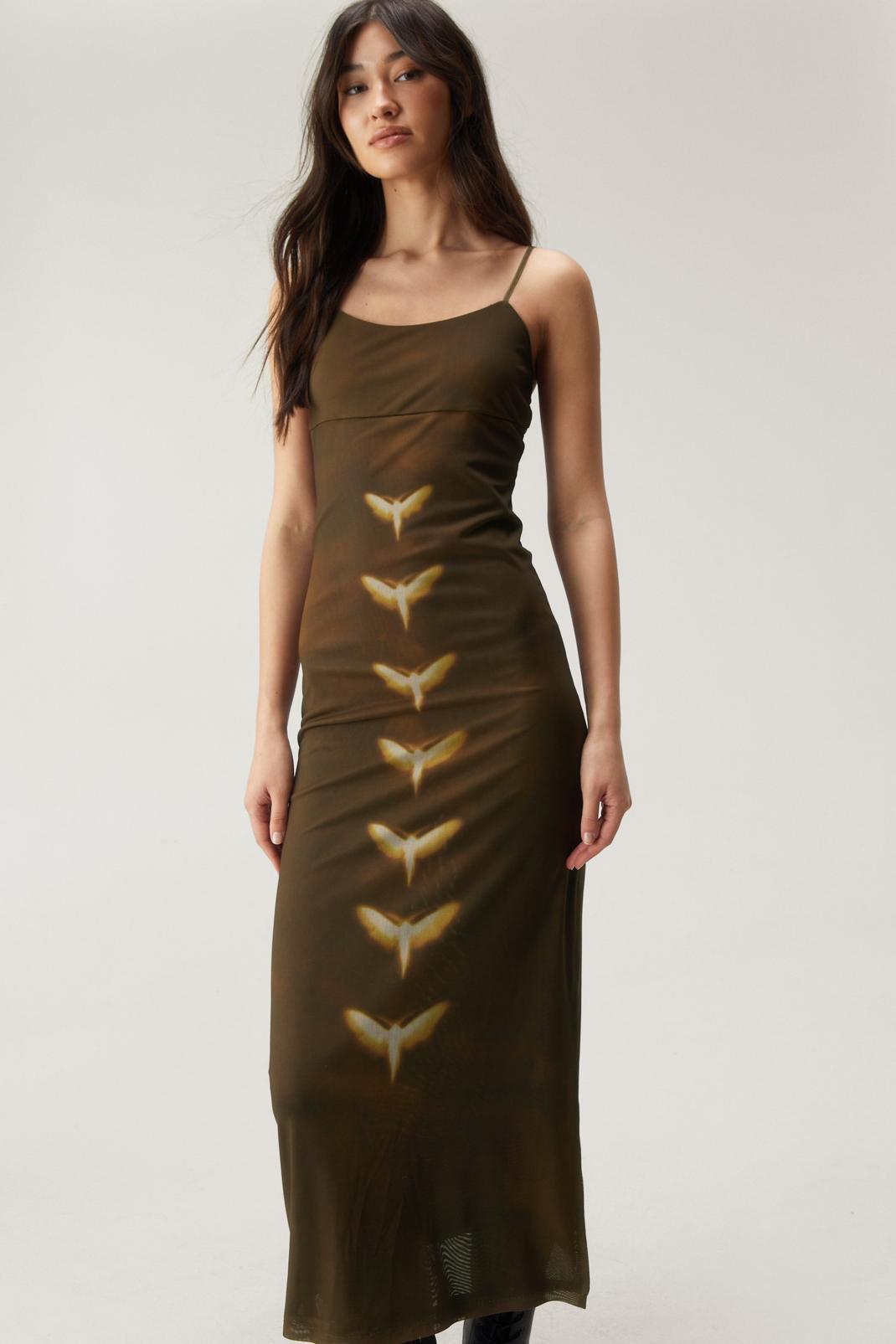 Khaki Mesh Strappy Butterfly Maxi Dress image number 1
