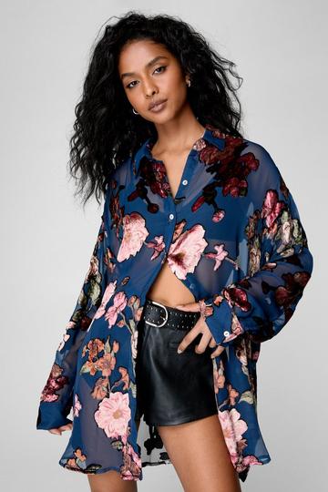 Devore Oversized Sheer Floral Shirt navy