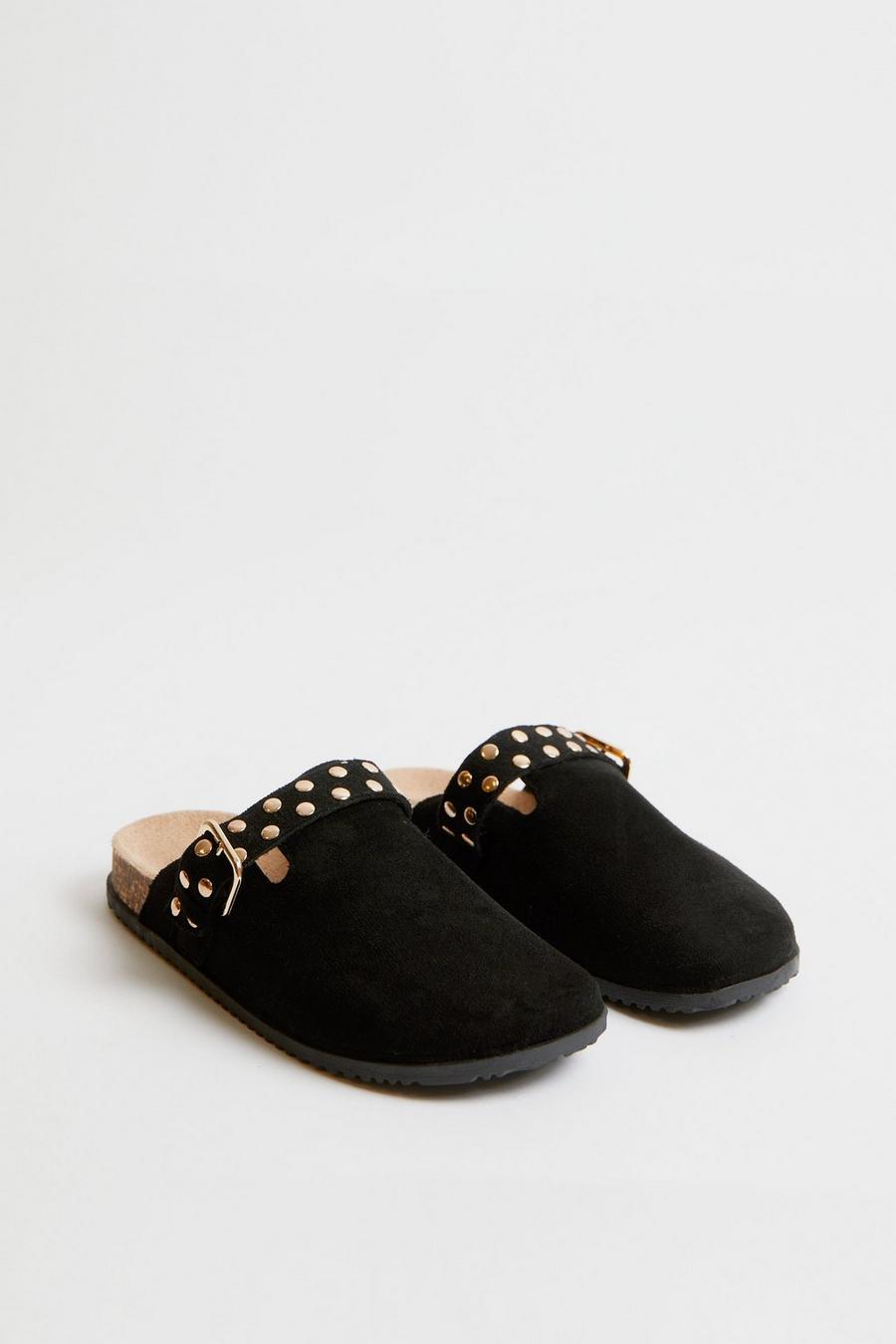 Faux Suede Studded Buckle Mule