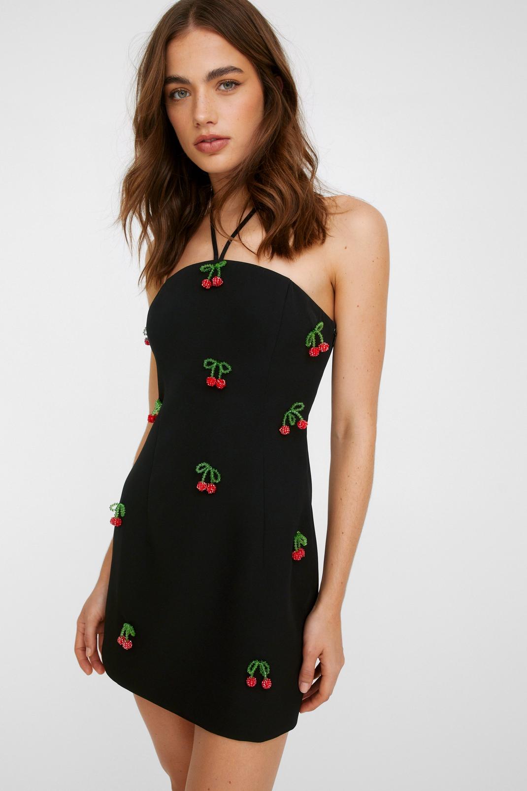 Black Premium Twill Embellished Cherry Mini Dress image number 1
