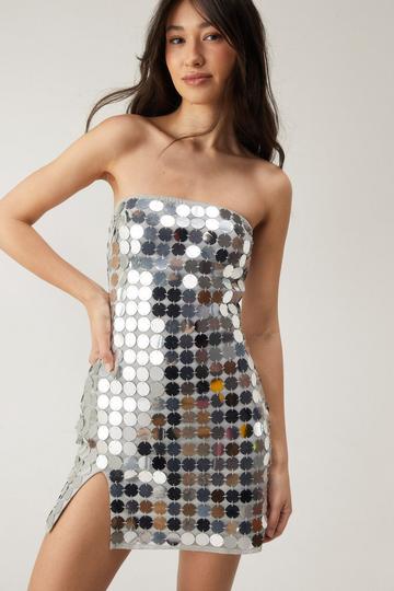 Silver Mirrorball Disc Sequin Bandeau Split Mini Dress