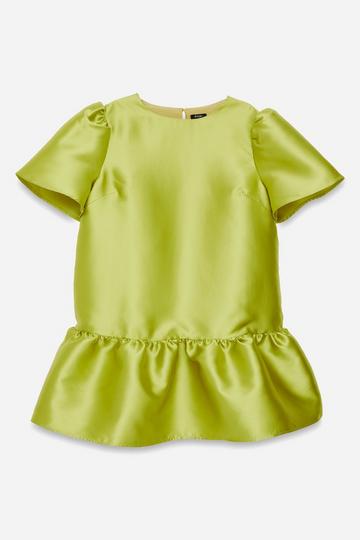 Plus Structured Satin Puff Sleeve Peplum Hem Mini Dress soft lime