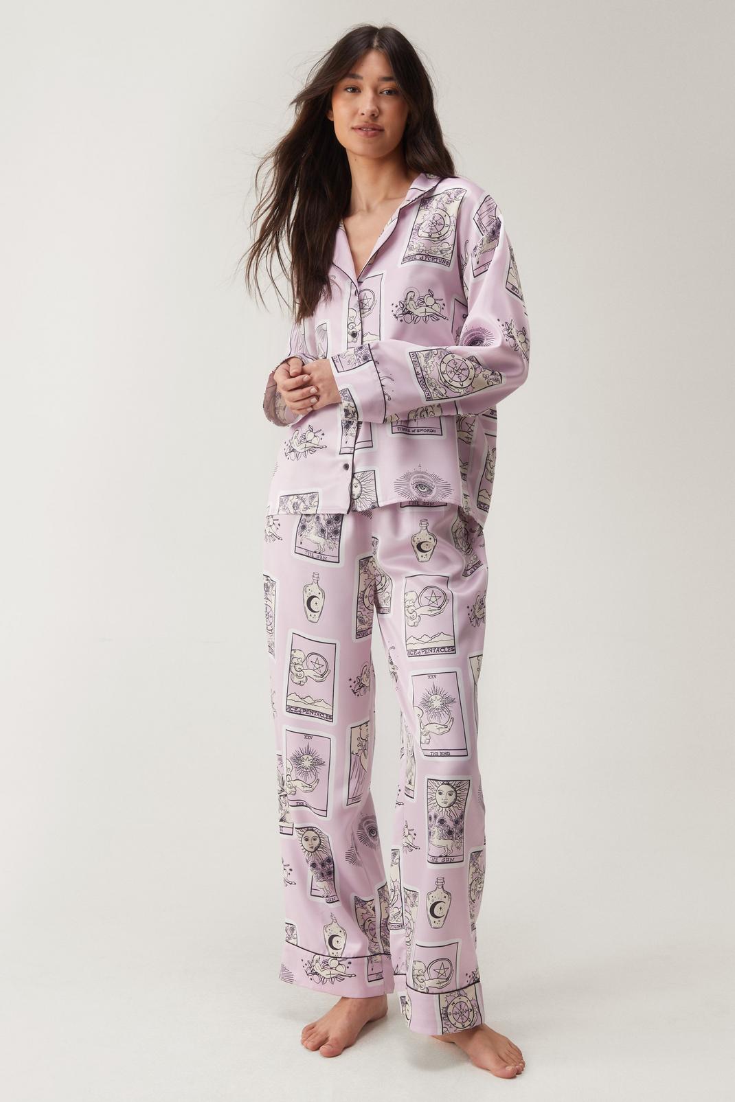 Mauve Satin Tarot Card Oversized Pajama Pants Set image number 1