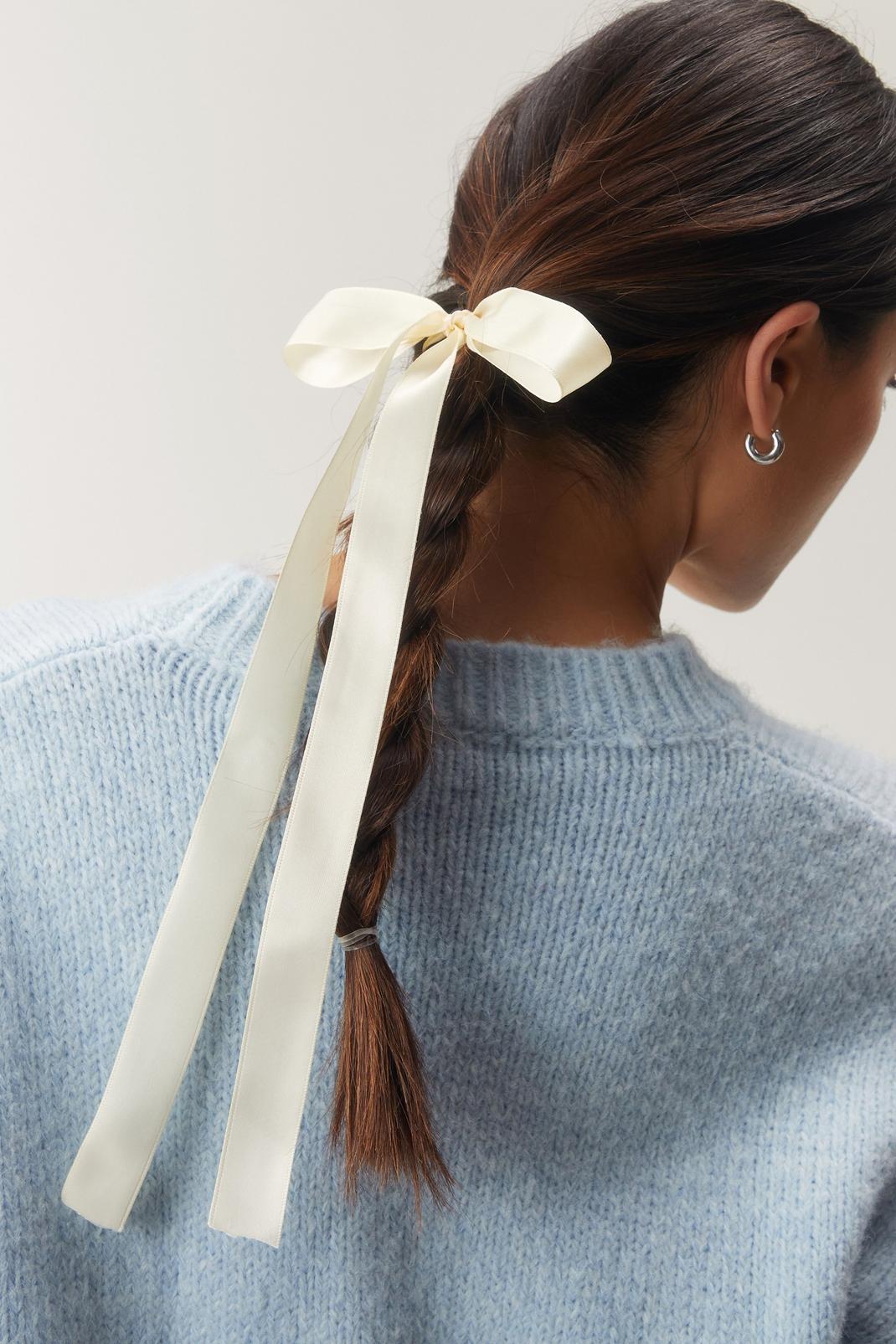 Ivory Satin Ribbon Bow Hair Tie image number 1