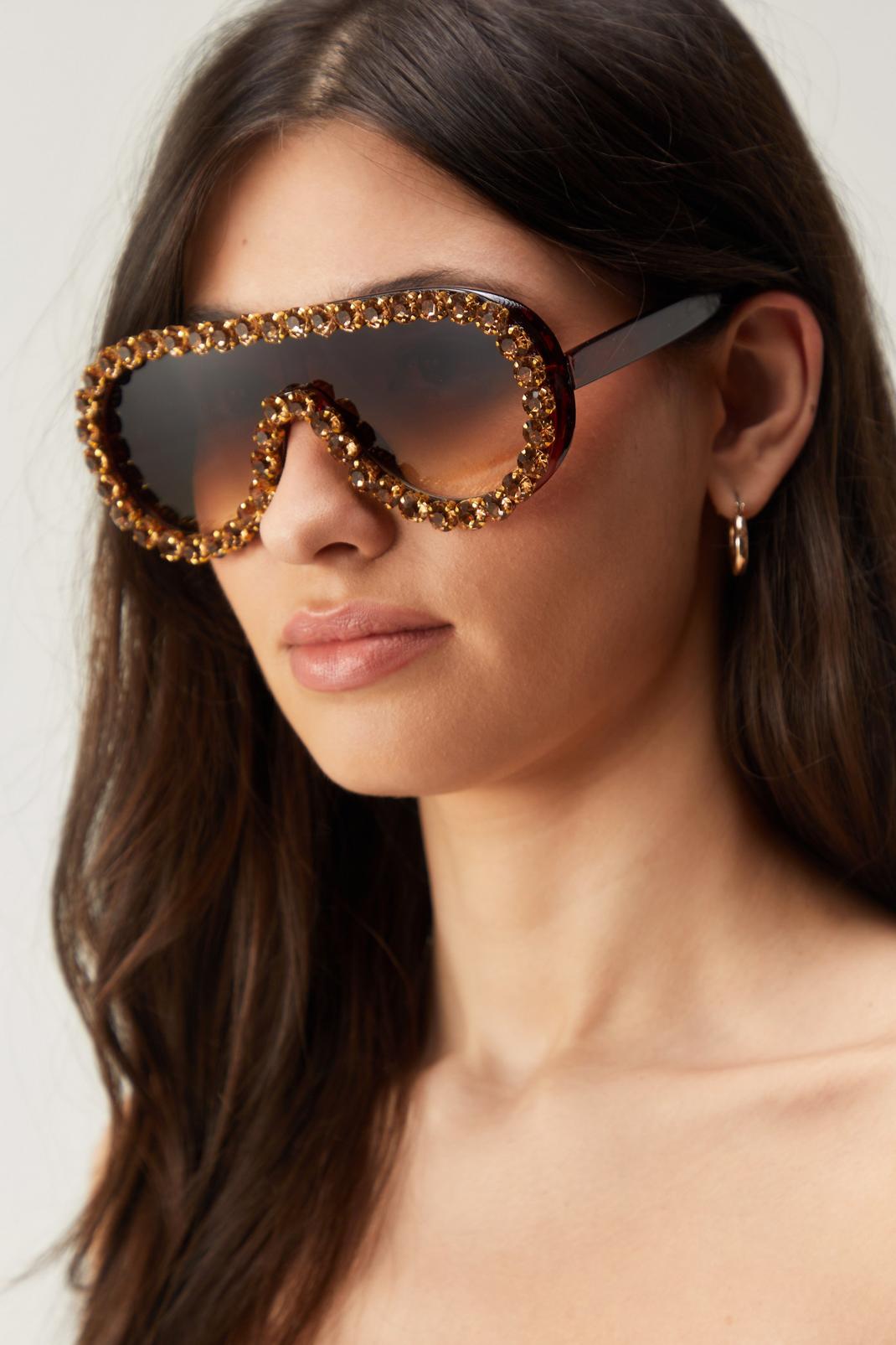 Brown Oversized Circular All Over Diamante Sunglasses image number 1