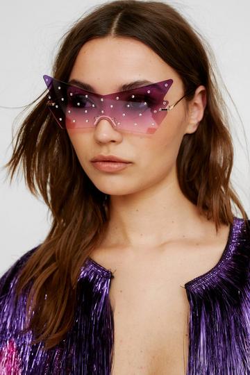 Angular Shaped Coloured Lens Diamante Detail Sunglasses purple