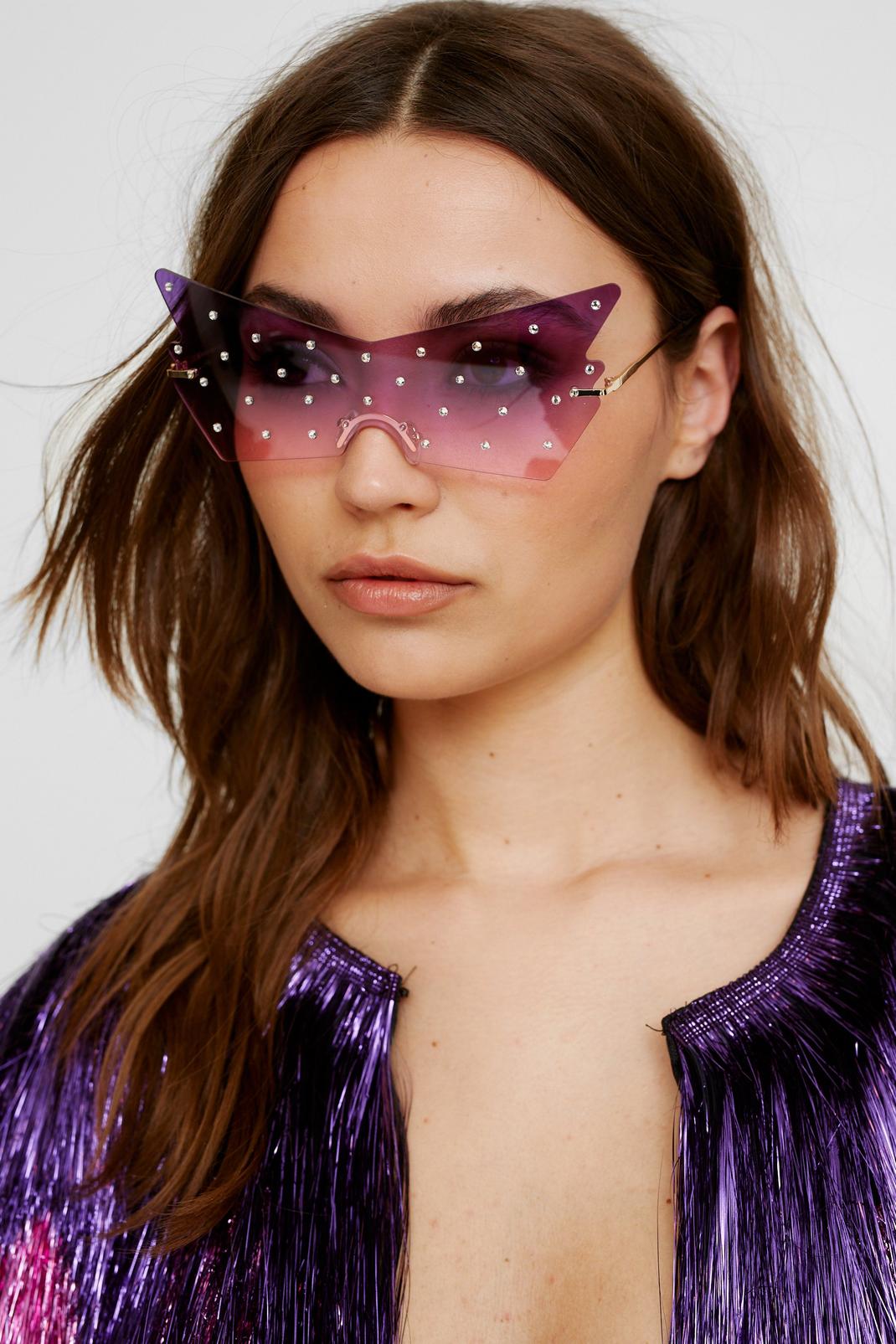 Purple Angular Shaped Coloured Lens Diamante Detail Sunglasses image number 1
