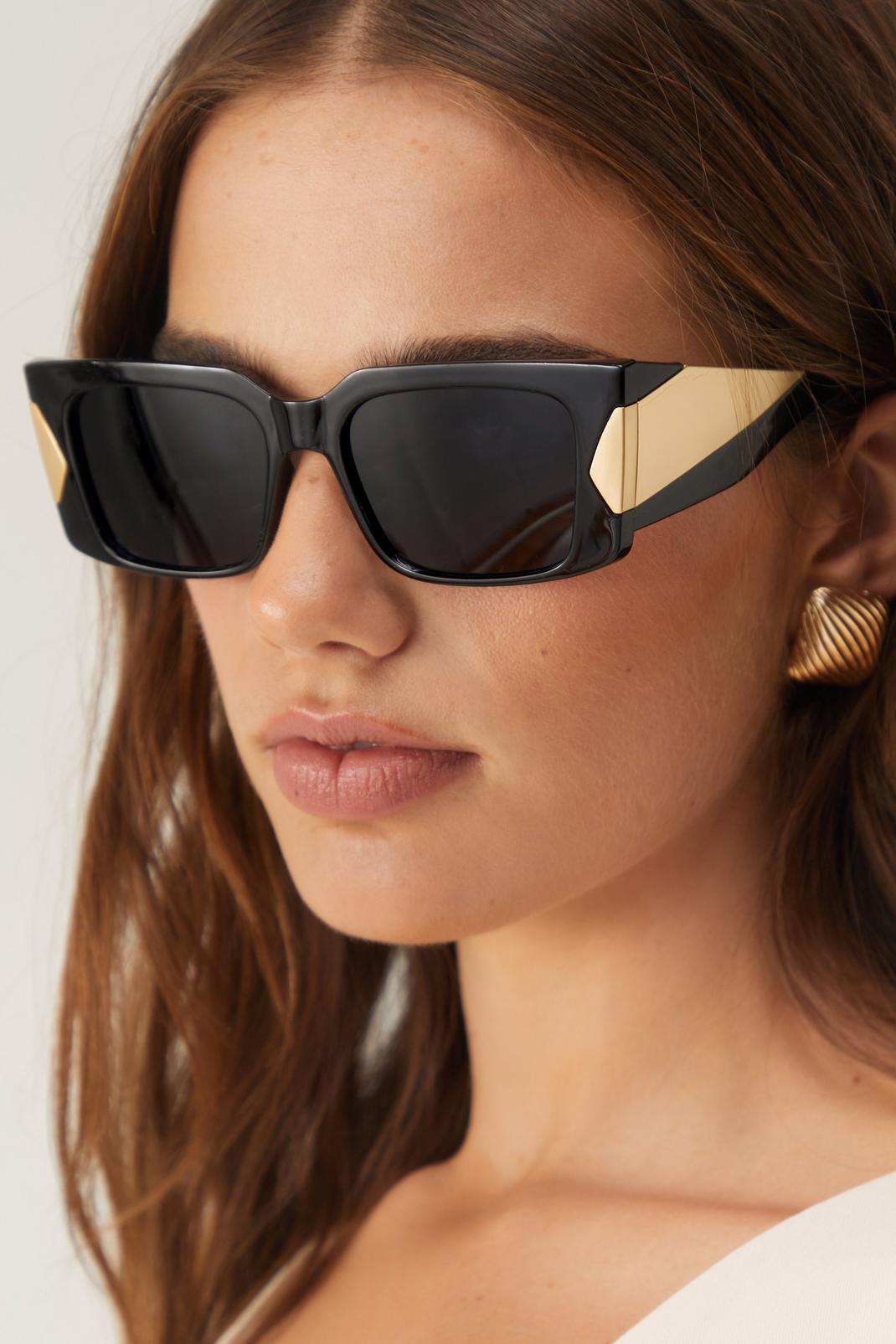 Black Rectangular Metallic Trim Sunglasses image number 1