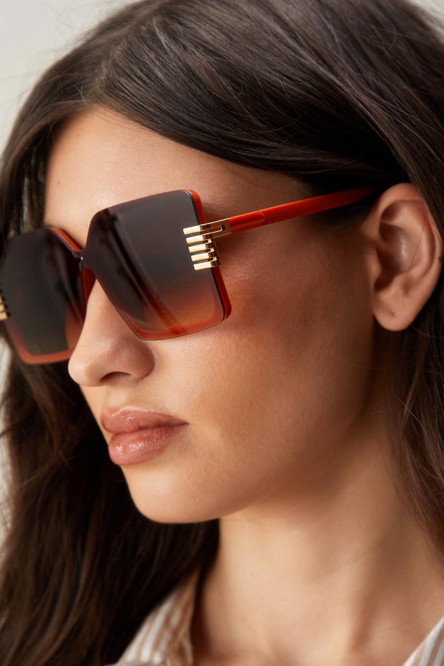 Oversized Square Coloured Lens Gold Trim Detail Sunglasses