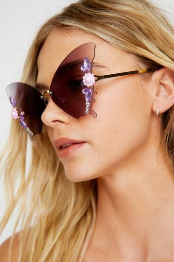 Oversized Butterfly Embellished Lens Sunglasses purple