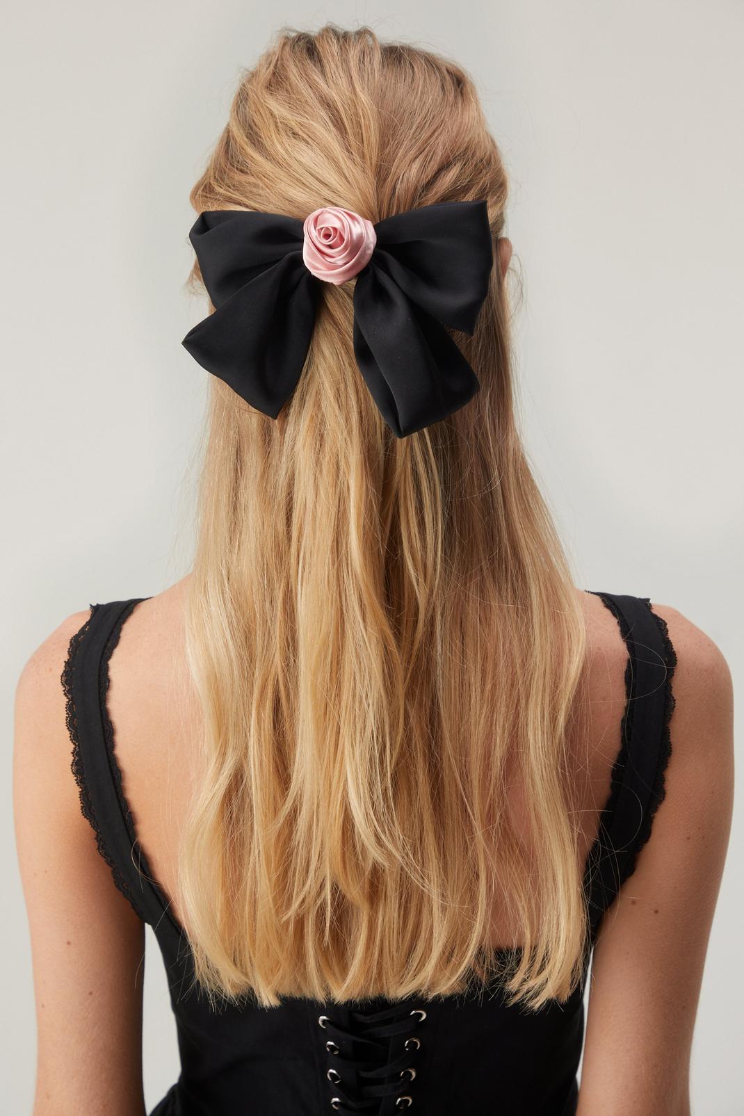 Rose Flower Bow Hair Clip, Black image number 1