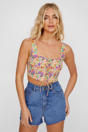 Ditsy Printed Lace Up Corset Top yellow