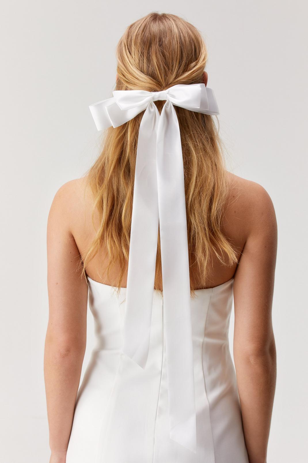 Oversized Satin Bow Hair Clip, White image number 1