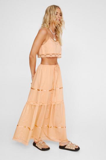 Applique Lace Tiered Drawstring Maxi Skirt apricot