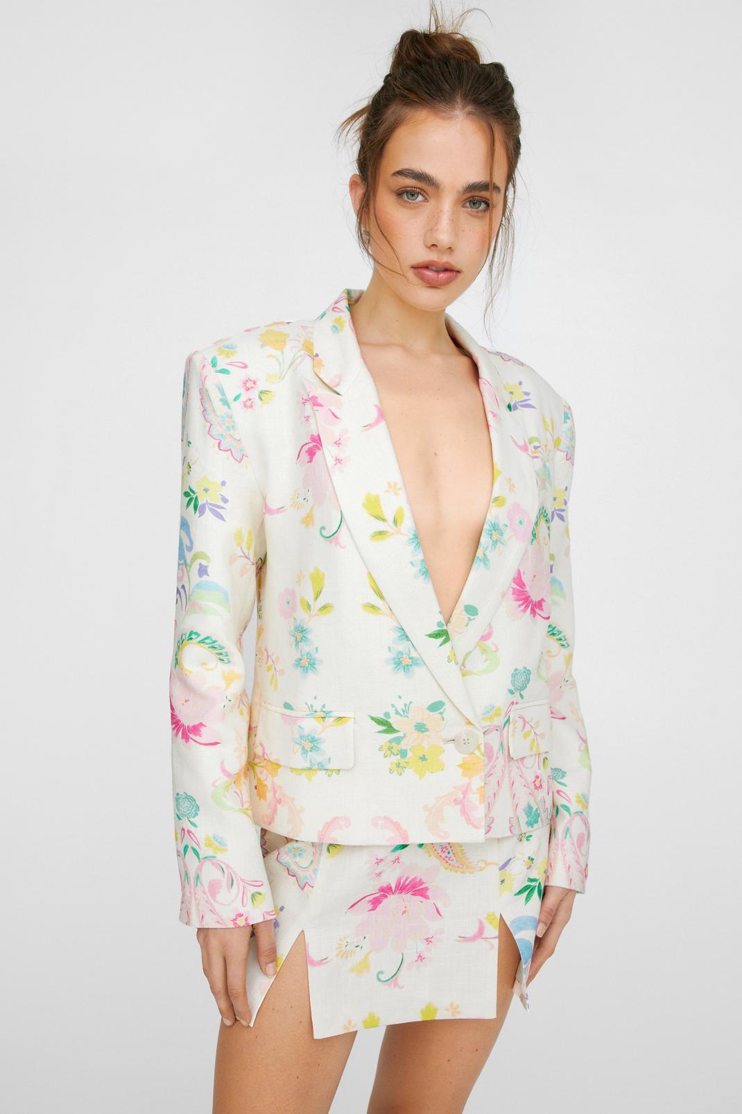Premium Floral Linen Mid Length Blazer, Multi image number 1