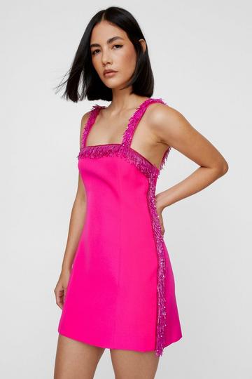 Bead Embellished Fringe Tailored Mini Dress hot pink