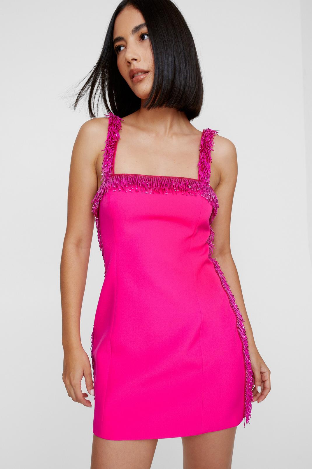 Hot pink Bead Embellished Fringe Tailored Mini Dress image number 1