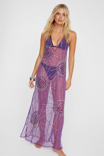 Purple Sun Embellished Sheer Maxi Dress