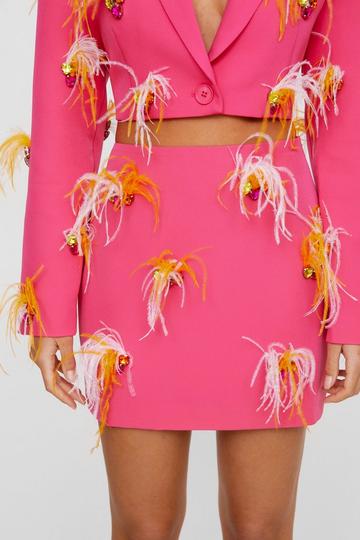 Premium Feather Embellished Tailored Mini Skirt pink