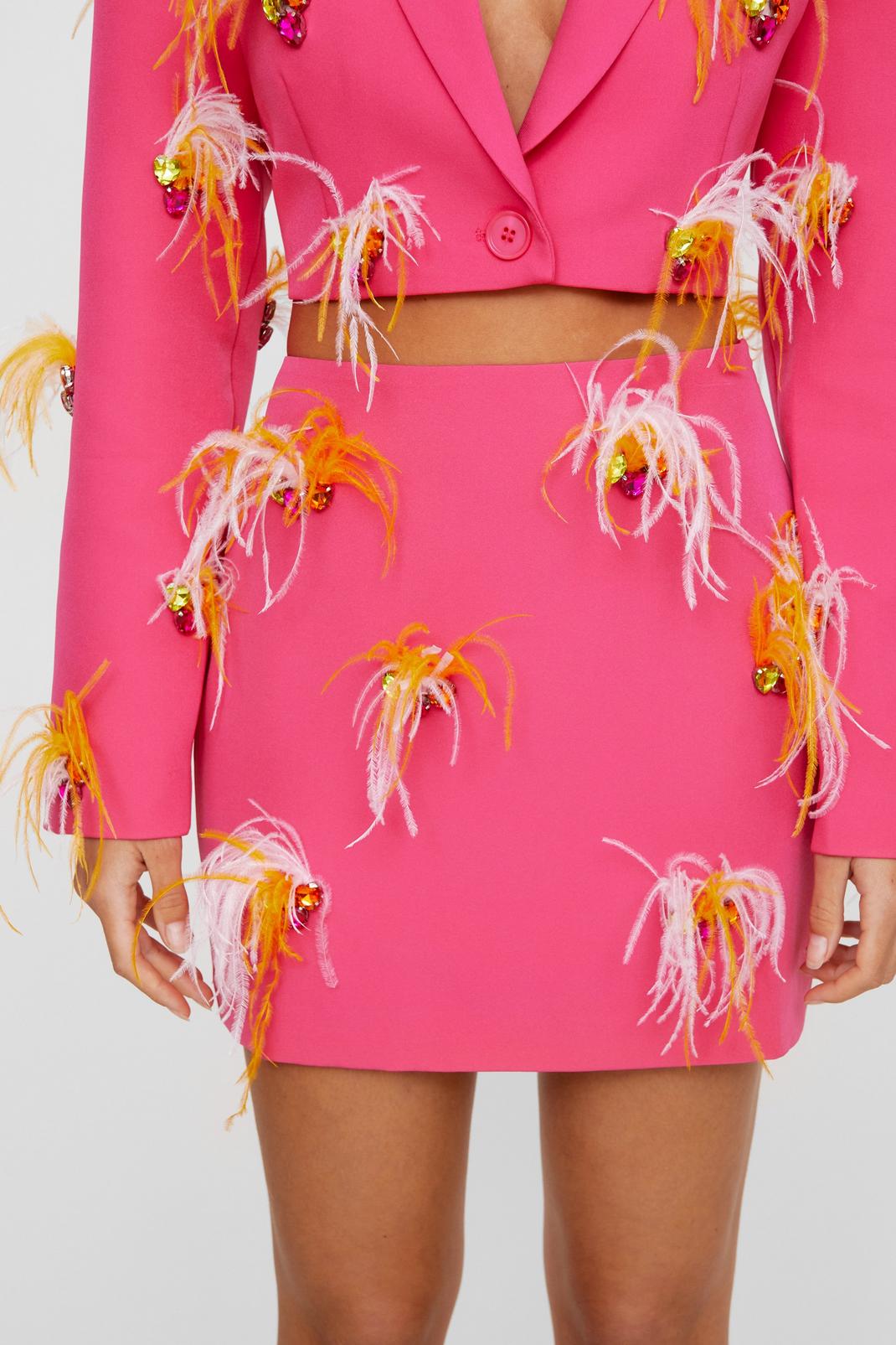 Pink Premium Feather Embellished Tailored Mini Skirt image number 1