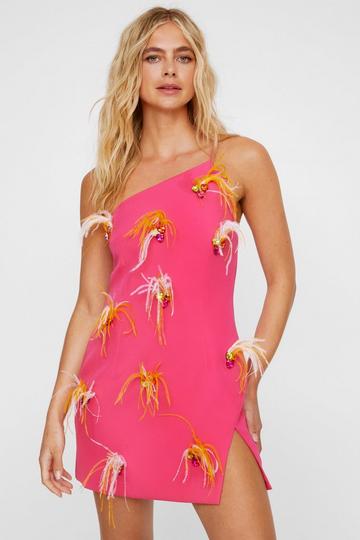 Premium Feather Embellished One Strap Mini Dress pink