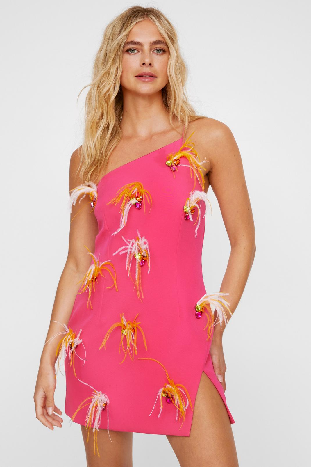 Pink Premium Feather Embellished One Strap Mini Dress image number 1