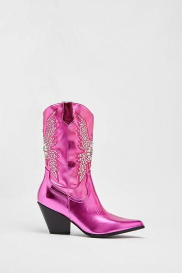 Metallic Embellished Knee High Western Boots pink