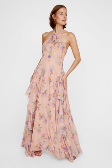 Ruffle Keyhole Floral Print Halter Maxi Dress apricot