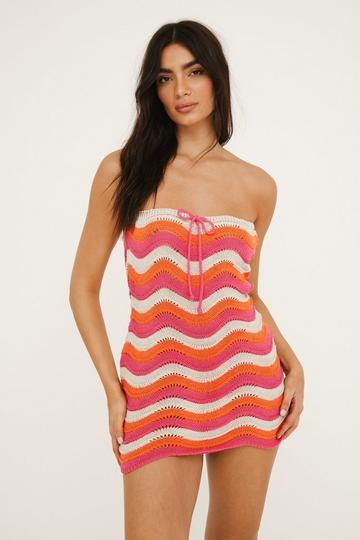 Pink Multi Crochet Wave Tie Front Bandeau Mini Beach Dress