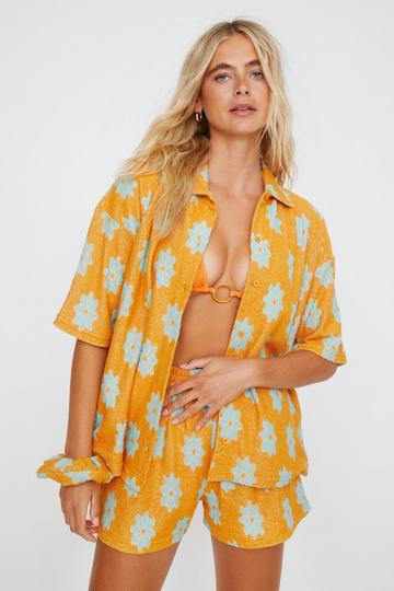 Orange Intarsia Floral Towelling Shirt And Shorts 3pc Beach Set