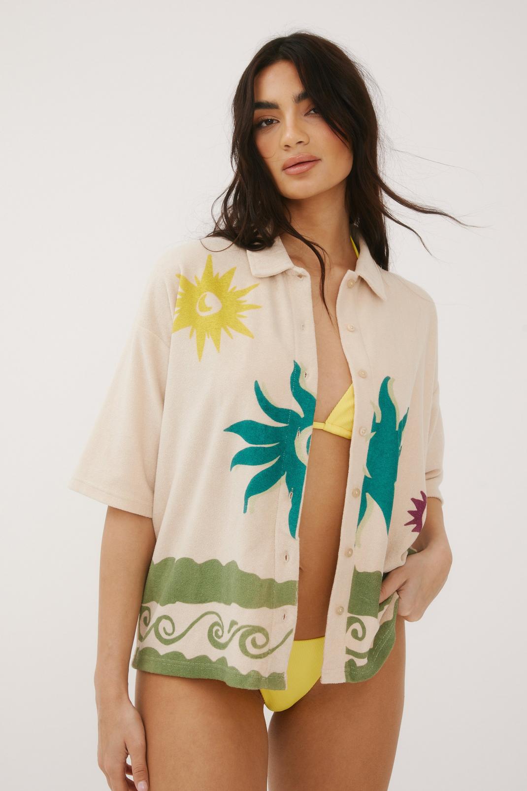 Towelling Wave Print Beach Shirt, Stone image number 1