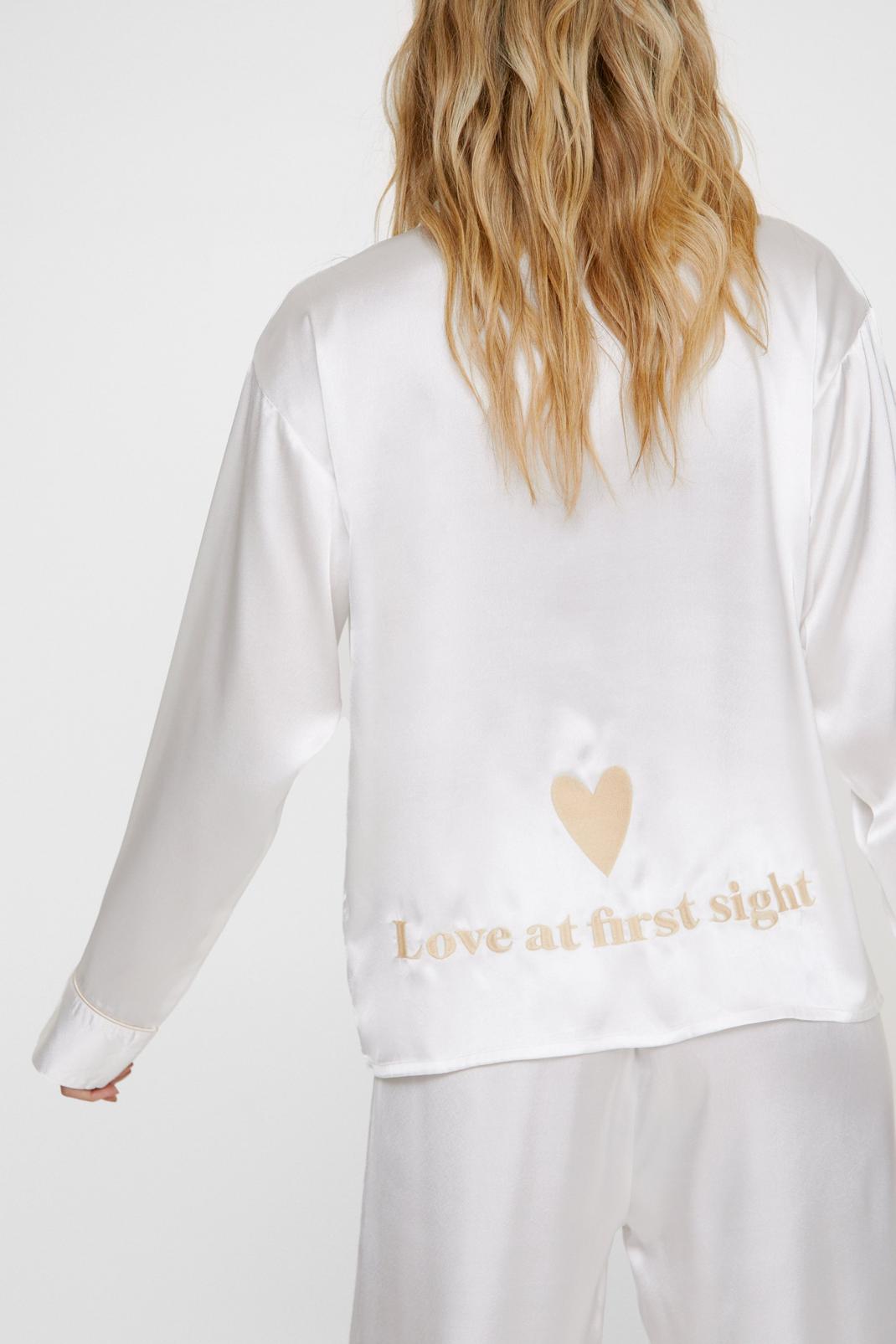 Satin Love At First Sight Embroidered Pajama Pants Set, Ivory image number 1