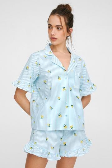 Blue Cotton Lemon Embroidered Stripe Ruffle Pajama Shorts Set