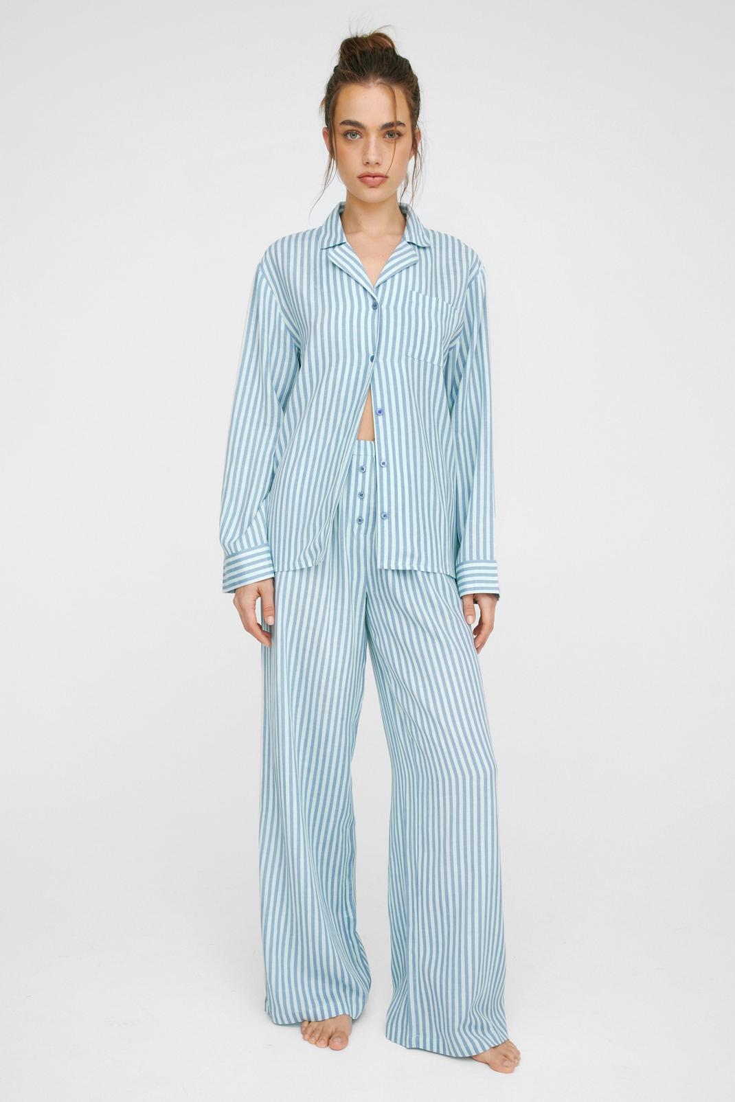 Blue Cotton Linen Stripe Pajama Pants Set image number 1