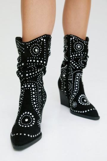 Faux Suede Studded Ankle Western Boot black