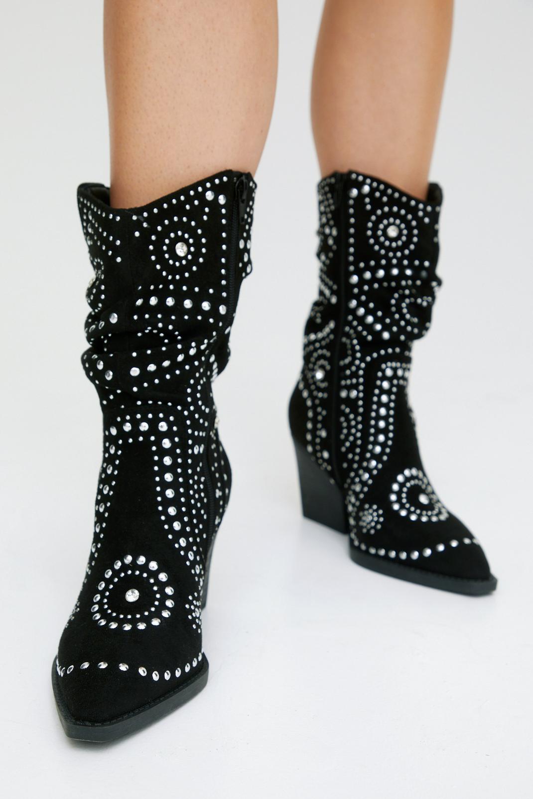 Black Faux Suede Studded Ankle Cowboy Boots image number 1