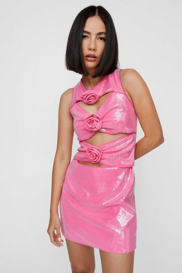 Pink Sequin Embellished Flower Applique Detail Mini Dress