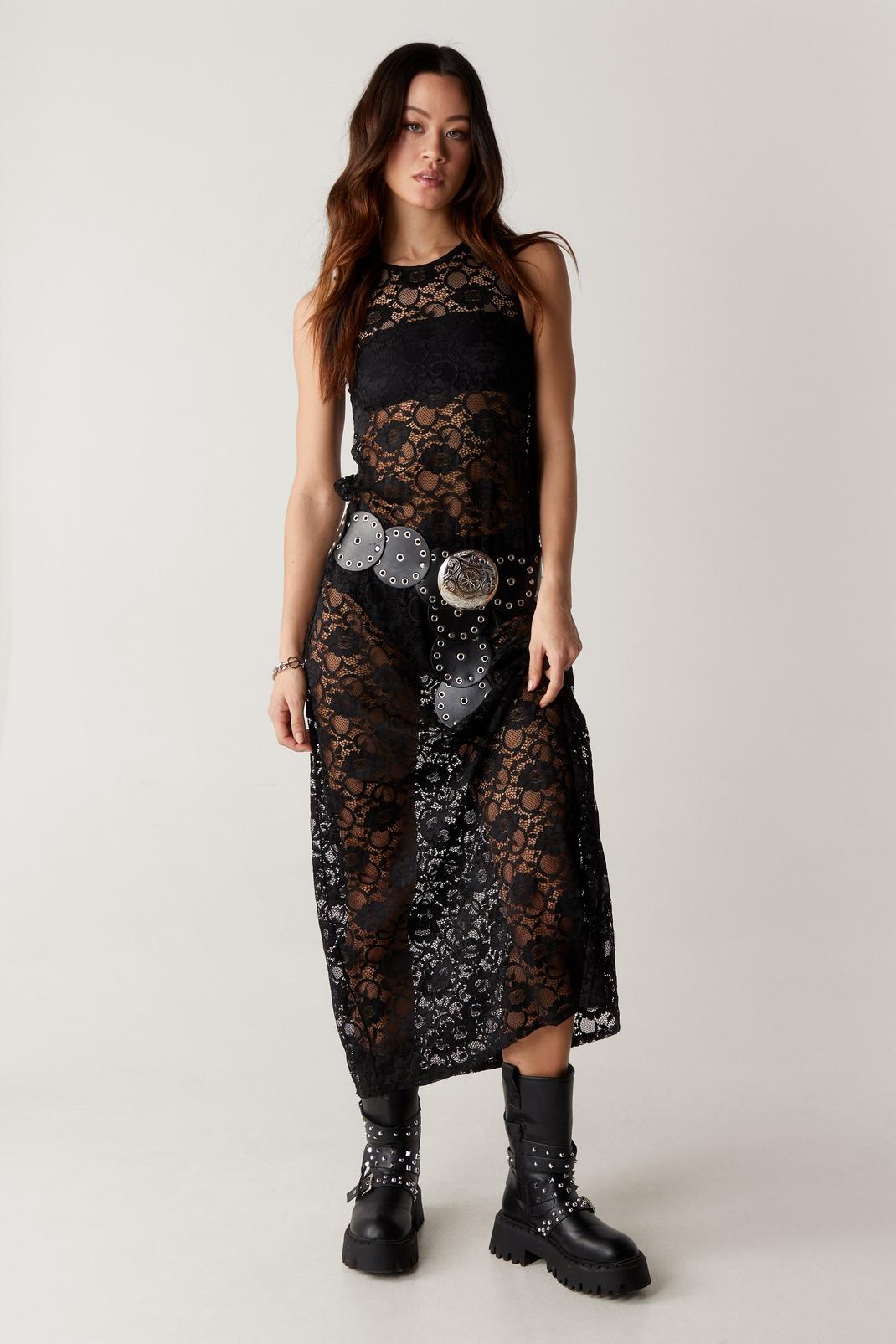 Lace Sleeveless Maxi Dress, Black image number 1