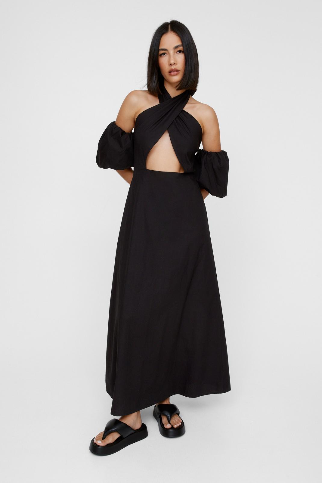Halter Cut Out Puff Sleeve Maxi Dress, Black image number 1
