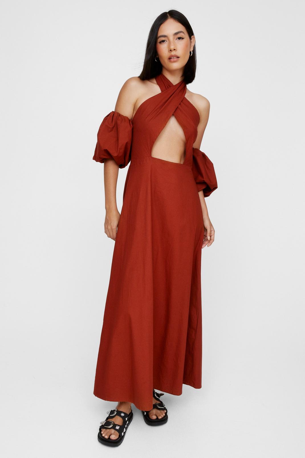 Halter Cut Out Puff Sleeve Maxi Dress, Rust image number 1
