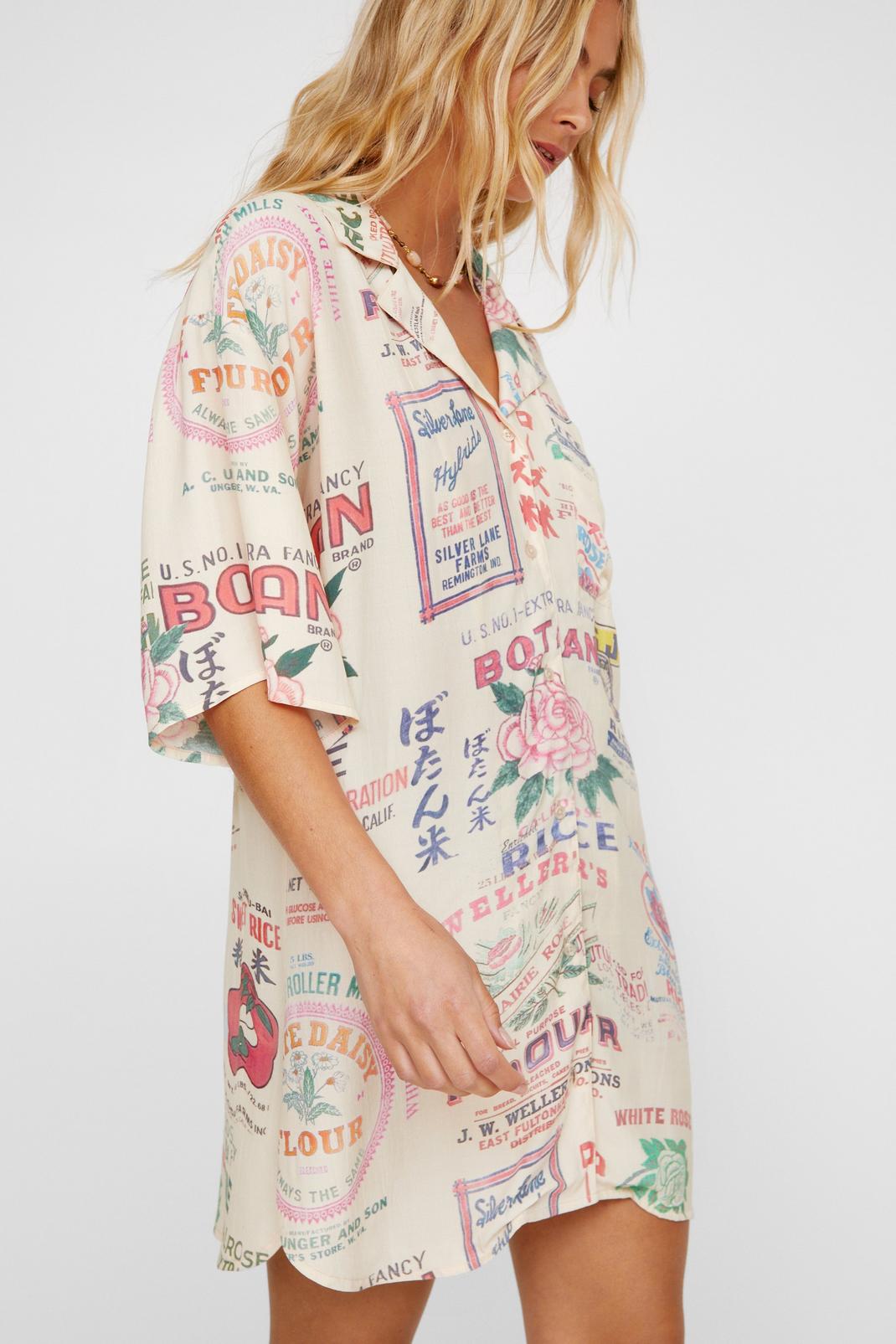 Ecru Graphic Printed Oversized Resort Shirt Dress image number 1