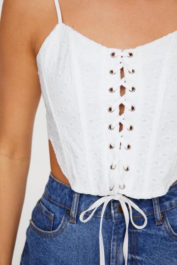 Broderie Lace Up Bow Back Corset Top white