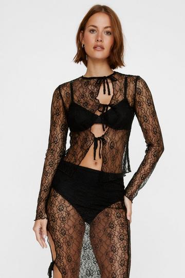 Long Sleeved Mesh Tie Front Cut Out Detail Top black