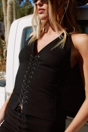 Black Sleeveless Lace Up Tie Front Top